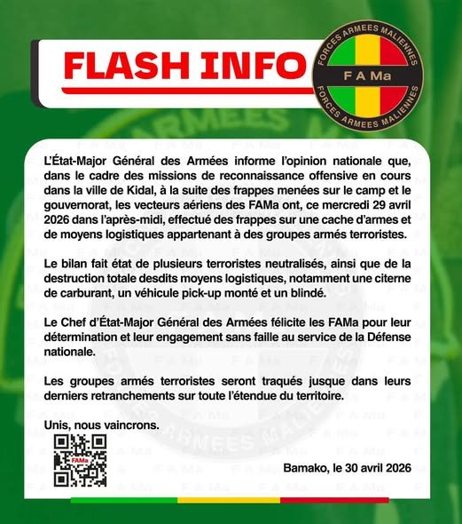 𝐋&rsquo;𝐄́𝐭𝐚𝐭-𝐌𝐚𝐣𝐨𝐫 𝐆𝐞́𝐧𝐞́𝐫𝐚𝐥 𝐝𝐞𝐬 𝐀𝐫𝐦𝐞́𝐞𝐬 𝐢𝐧𝐟𝐨𝐫𝐦𝐞 𝐥&rsquo;𝐨𝐩𝐢𝐧𝐢𝐨𝐧 𝐧𝐚𝐭𝐢𝐨𝐧𝐚𝐥𝐞 𝐪𝐮𝐞, 𝐝𝐚𝐧𝐬 𝐥𝐞 𝐜𝐚𝐝𝐫𝐞 𝐝𝐞𝐬 𝐦𝐢𝐬𝐬𝐢𝐨𝐧𝐬 𝐝𝐞 𝐫𝐞𝐜𝐨𝐧𝐧𝐚𝐢𝐬𝐬𝐚𝐧𝐜𝐞 𝐨𝐟𝐟𝐞𝐧𝐬𝐢𝐯𝐞 𝐞𝐧 𝐜𝐨𝐮𝐫𝐬 𝐝𝐚𝐧𝐬 𝐥𝐚 𝐯𝐢𝐥𝐥𝐞 𝐝𝐞 𝐊𝐢𝐝𝐚𝐥.